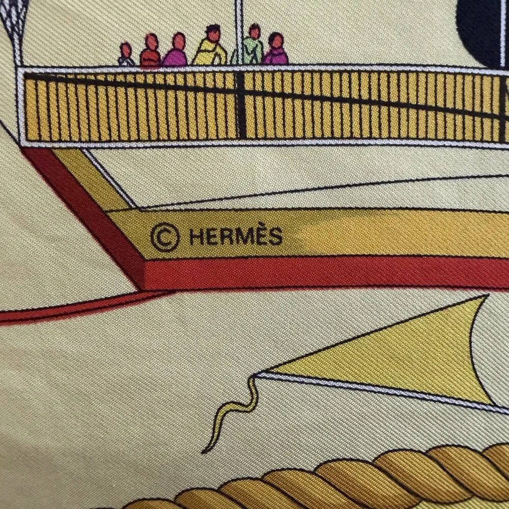 HERMES Vintage Les Folies du Ciel Yellow 90 cm Silk Square Scarf Box Good RARE - Picture 6 of 16